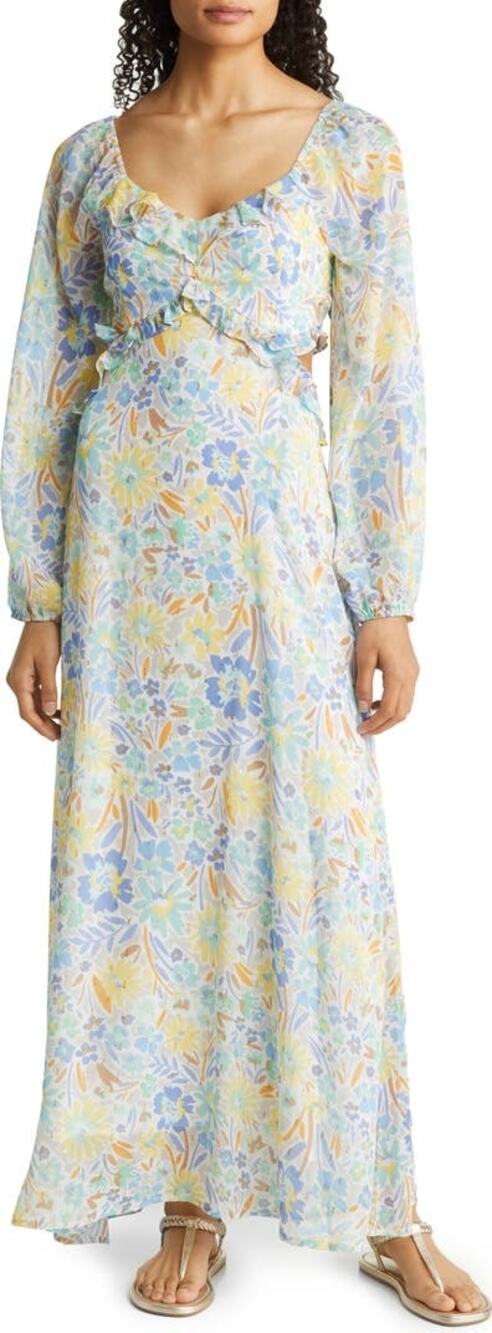 BTFL-LIFE Blue Floral Long Sleeve Metallic Cutout Ruffle Summer Maxi Dress Sz M